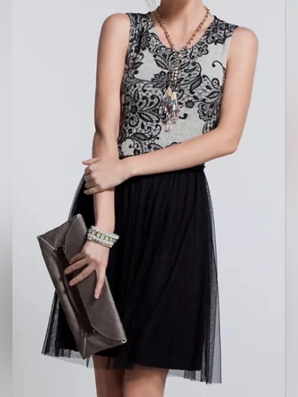 Weston wear By Anthropologie Black & Light grey Lace-Pattern Midi Dress